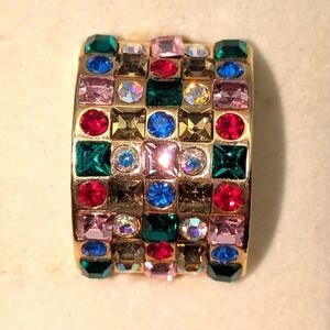 Asfour Gold Tone Multicolor Rhinestone Statement Ring Adjustable Band Cocktail